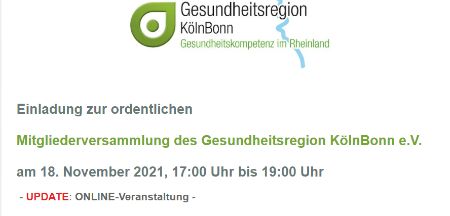 You are currently viewing Ordentliche Mitgliederversammlung des Gesundheitsregion KölnBonn e.V.  am 18. November 2021 – Onlineveranstaltung.